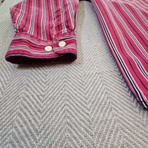 John Ashford Men's Dress Shirt Medium Red Blue Button-Down Striped Long Sleeve - Picture 11 of 13